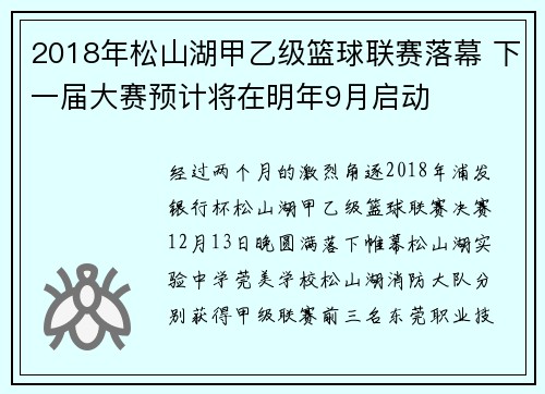 2018年松山湖甲乙级篮球联赛落幕 下一届大赛预计将在明年9月启动